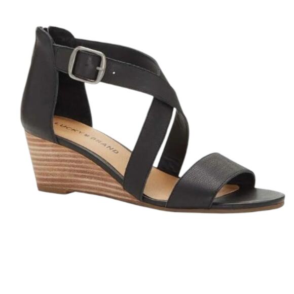 🎉[H298] Lucky Brand Black Leather "Jenley" Wedge Buckle Strappy Sandals, Size 7 - Picture 1 of 7